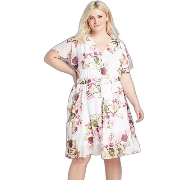 Lane Bryant White Chiffon Floral button up Flutter Sleeve Dress Women’s Size 14 - Picture 2 of 13